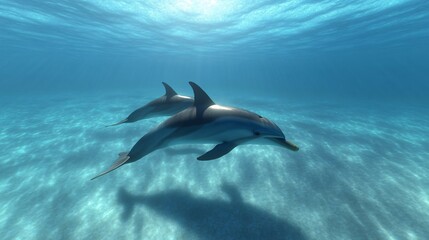 Dolphins swimming gracefully, playful marine mammals gliding through clear turquoise waters, peaceful ocean atmosphere.