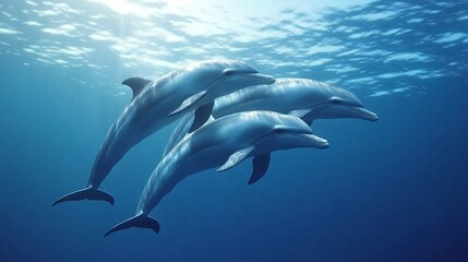 Naklejka premium Dolphins swimming gracefully, playful marine mammals diving together in clear blue ocean water, inviting a sense of freedom.