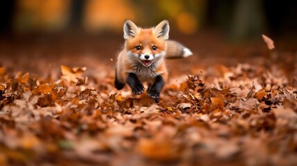 Playful Red Fox Cub Running Through Colorful Autumn Leaves