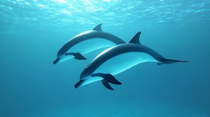 Fototapeta premium Two playful dolphins swimming gracefully, aquatic scene capturing marine life, vibrant blue water, perfect for ocean themes.