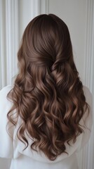 A woman shows beautiful brown wavy hair from the back