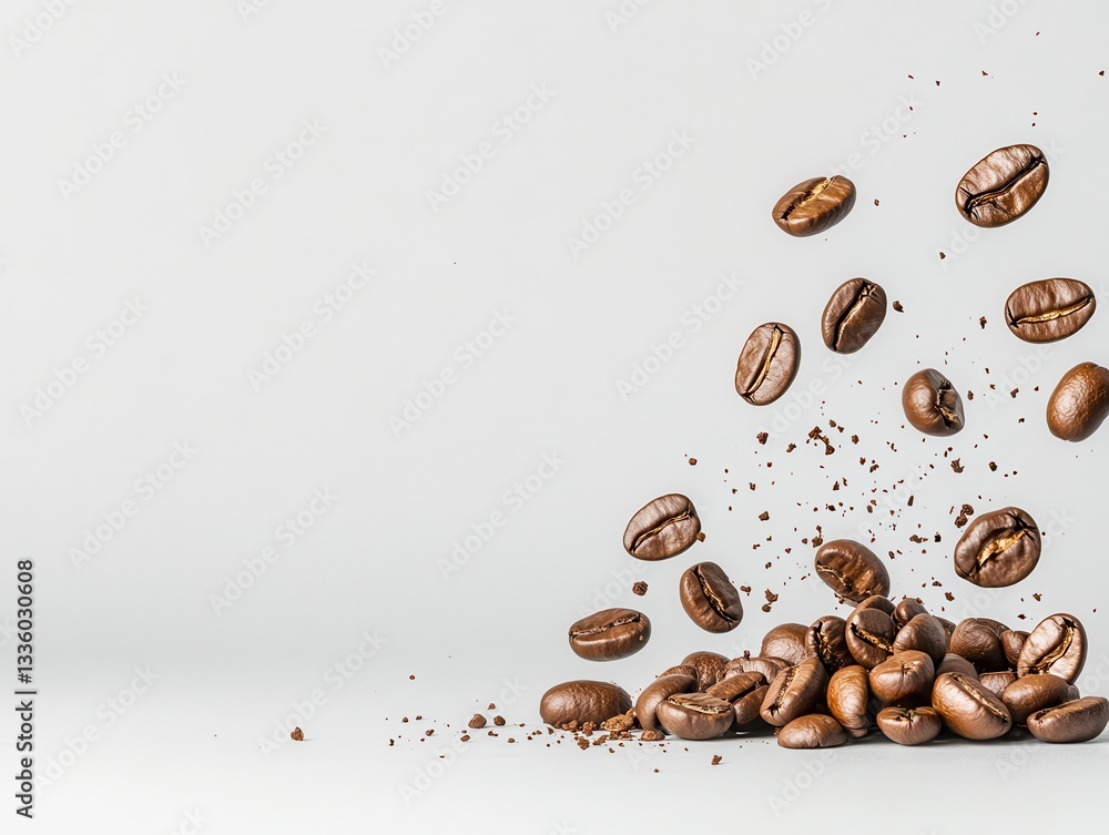 Poster flying coffee beans creating a dynamic scene with scattered grounds on a light background