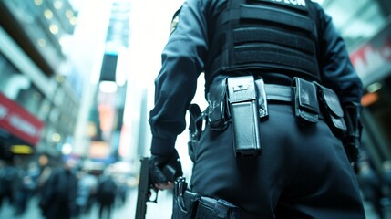 Urban security officer in tactical gear, facing bustling city street, highlighting safety and vigilance in modern life.