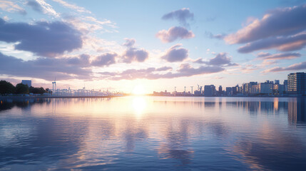 Obraz premium serene coastal cityscape at sunset with wave energy converters and modern buildings reflecting on calm water