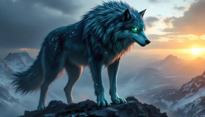 Majestic Blue Wolf on Mountain Peak at Sunset