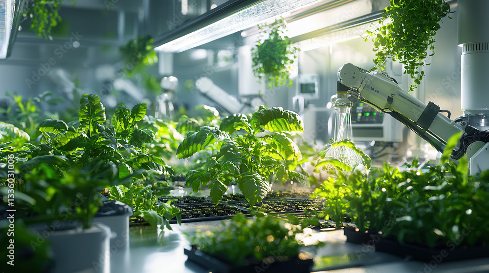 Poster futuristic farm with vertical gardens and automated robotic systems nurturing plants in high tech in