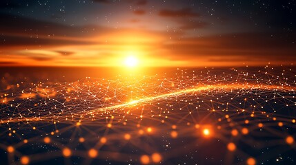 Global Network Connection Sunset Digital Art