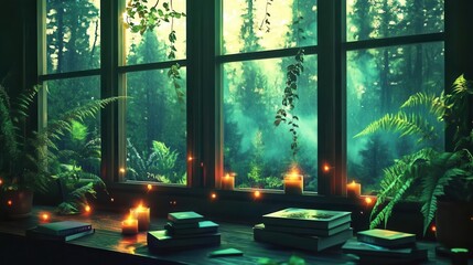 Anime background illustrating a cozy room with large windows overlooking the dense forest