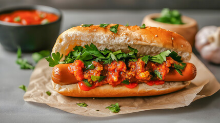 Delicious hot dog topped with chili and fresh herbs served on a bun