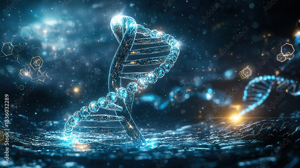 Poster glowing dna structure set on dark futuristic background, surrounded by sparkling lights and molecula