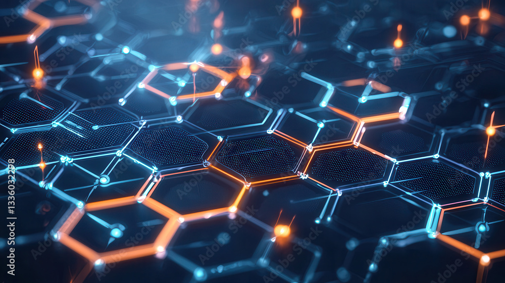 Poster glowing hexagonal grid with futuristic neon lights and digital connections, symbolizing advanced tec