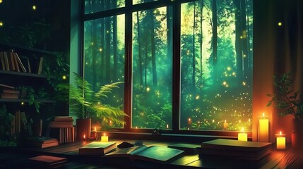 Anime background illustrating a cozy room with large windows overlooking the dense forest