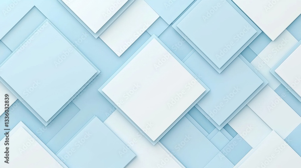 Poster a 3d rendering of a geometric pattern of light blue squares and rectangles.