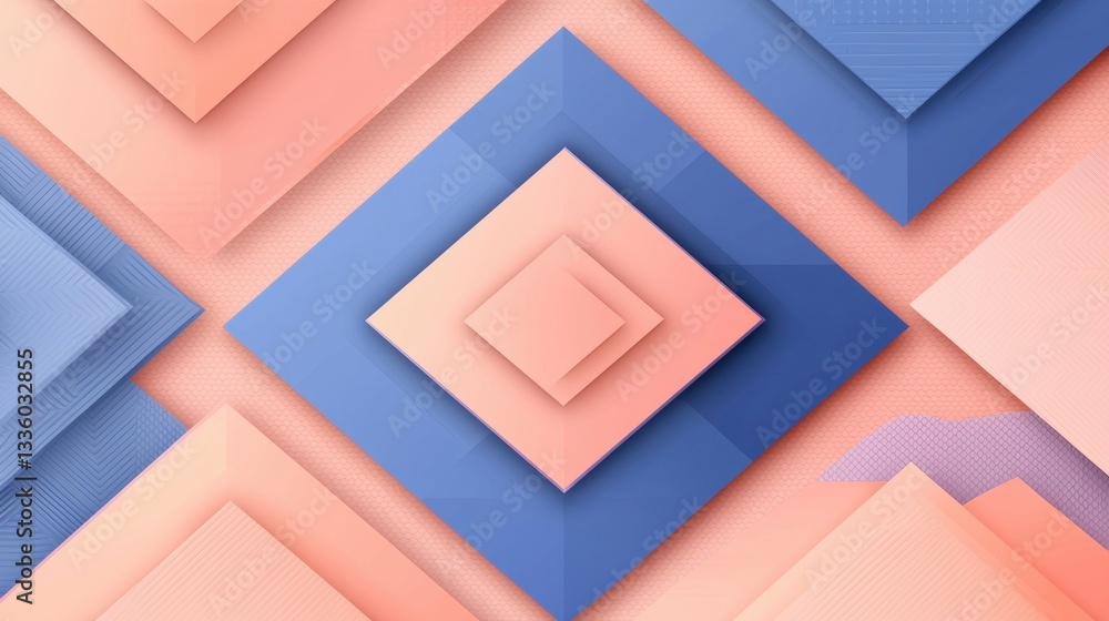 Poster a geometric pattern of overlapping squares in various shades of pink and blue.