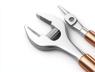 Silver Wrench and Copper Pliers on White Background