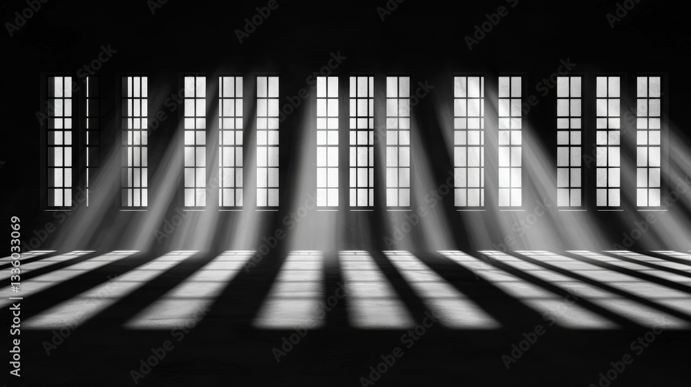 Poster a black and white image of a room with a row of windows and light beams.