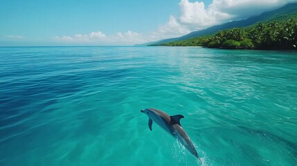 Obraz premium Shark gliding through clear turquoise waters, peaceful aquatic scenery, perfect for ocean conservation themes and marine life awareness.