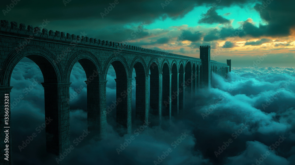 Aufkleber mystical bridge above clouds at twilight with epic sky and ancient architecture