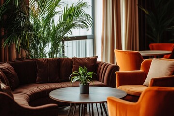 Modern lounge area with rich colors and tropical plants