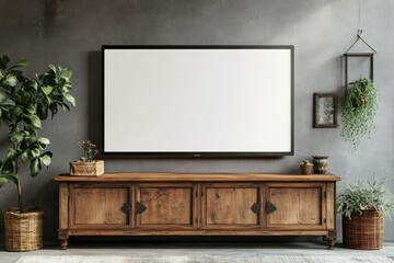 Modern Large Smart Tv Mockup on Wooden Commode Living Room with Gray Wall 3D Rendering