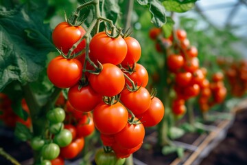 Vibrant ripe tomatoes growing in a greenhouse surrounded by fresh organic vegetables