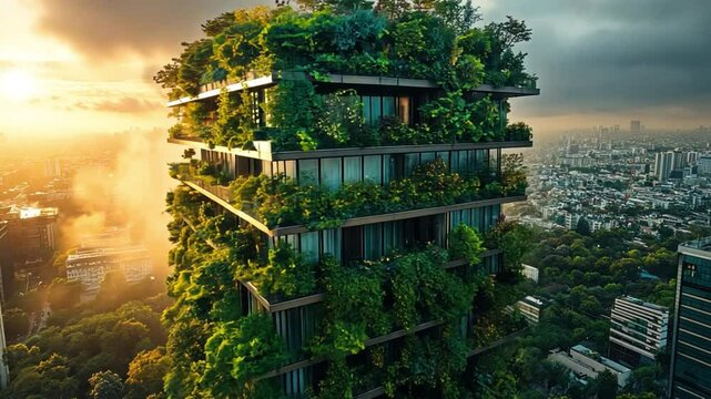 Eco-Friendly Skyscraper: Lush greenery cascades down the sides of an architectural marvel, symbolizing sustainable urban development and environmental harmony.