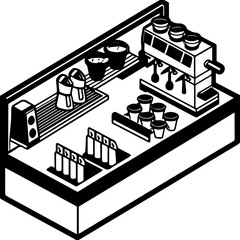 Coffee shop interior with espresso machines, SVG with clean lines. Coffee Shop Equipment with Espresso Machine and Accessories