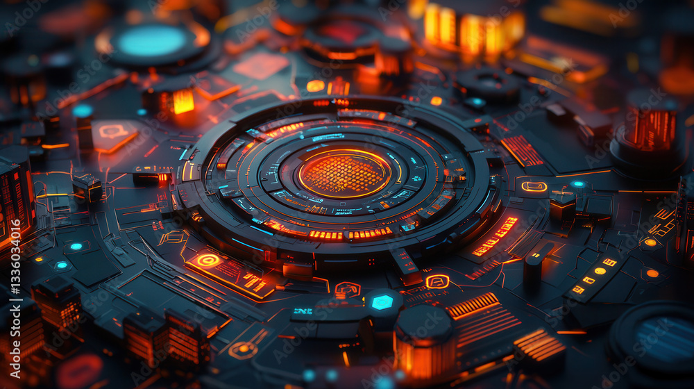 Poster glowing futuristic circuit board with intricate patterns and vibrant orange and blue lights, evoking