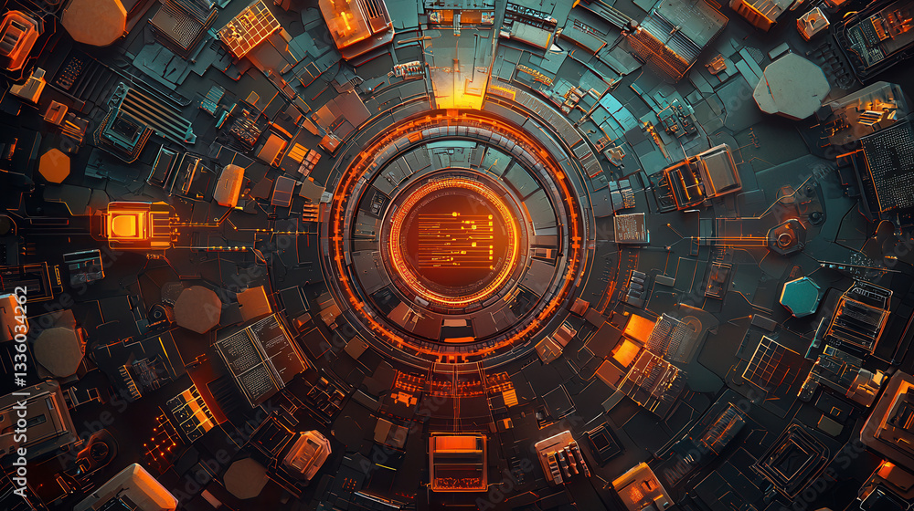 Poster glowing futuristic circular interface with intricate details and orange highlights on dark backgroun