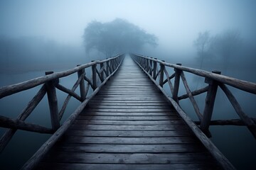 Fototapeta premium Stunning long exposure of a bamboo bridge over a misty lake in blue and grey tones