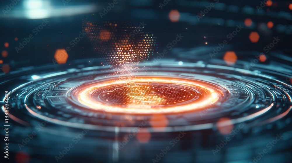Poster glowing futuristic digital interface with circular holographic display emitting vibrant orange and b