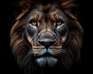 Fototapeta premium a majestic lion, its eyes glowing in the darkness,