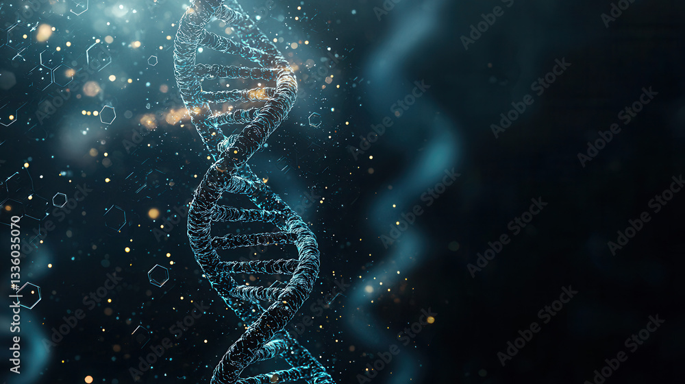 Poster glowing dna helix floats dark, tech inspired background with luminous particles and hexagonal patter