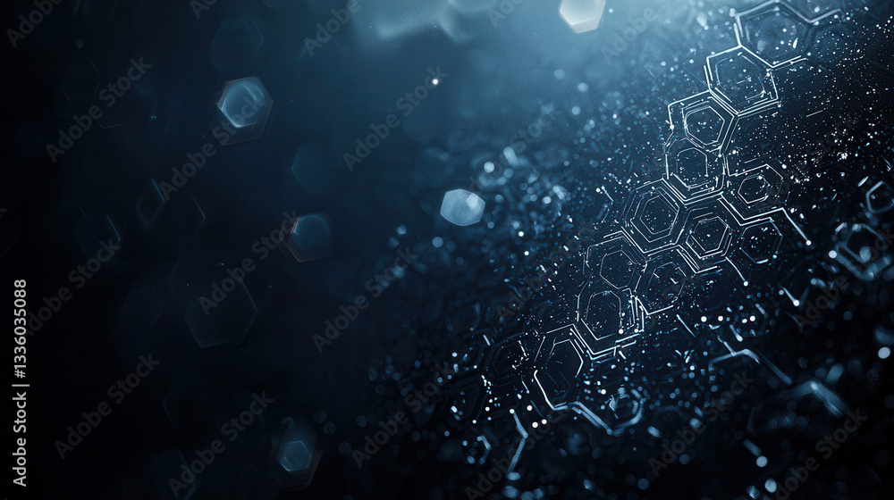 Poster glowing hexagonal pattern emerges in dark, futuristic background, evoking sense of advanced technolo