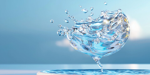 3D render of a floating speech bubble made from water on a white background, minimal concept photography, studio lighting, 