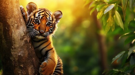 Obraz premium Young Tiger Climbing Tree in Lush Green Jungle Habitat