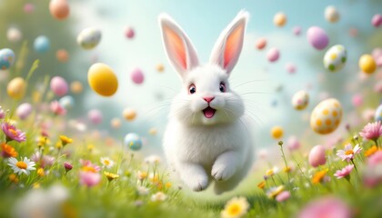 Happy Easter Bunny Hopping Through Spring Flowers and Eggs