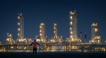 Engineer gazing at a modern refinery at dusk