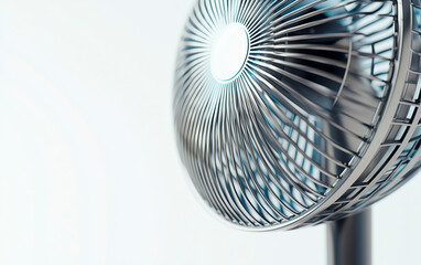 Macro shot of a sleek oscillating fan on a bright white background.