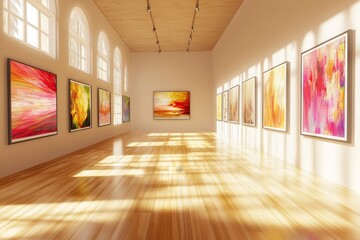 Spacious art gallery with colorful paintings