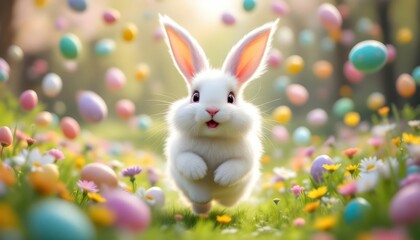 Adorable Easter Bunny Hopping Through Colorful Eggs and Flowers