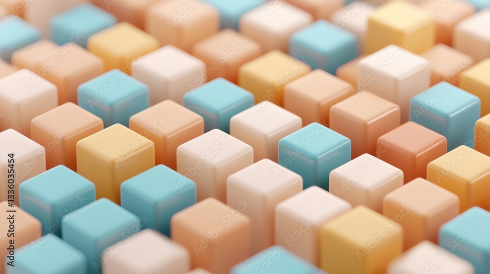 Poster a 3d rendering of a grid of colorful cubes.