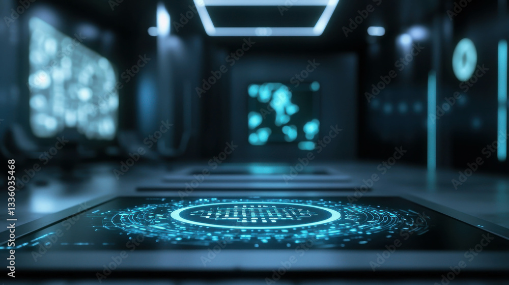 Poster futuristic digital display technology in a modern high-tech environment with interactive screens