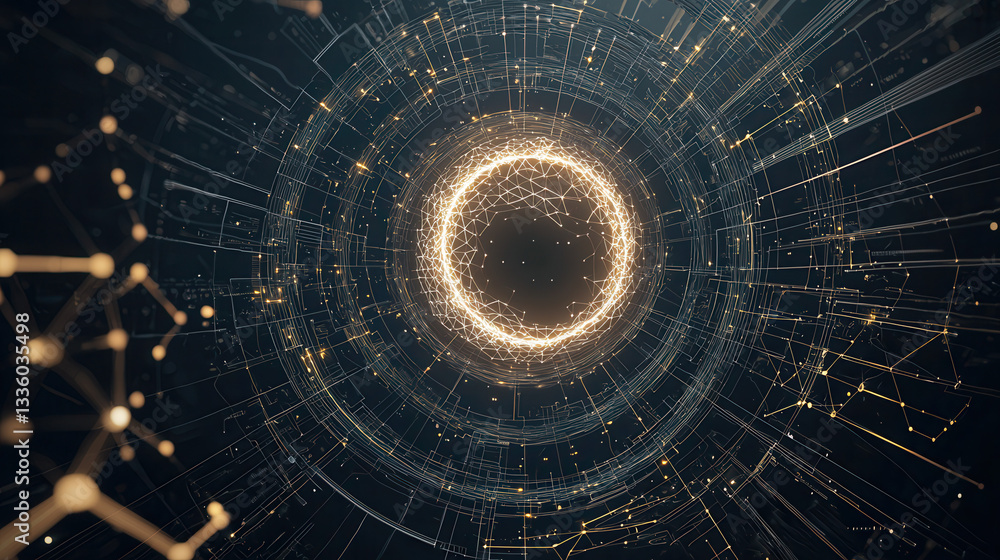 Poster glowing circular digital structure with intricate futuristic patterns and golden light lines, evokin