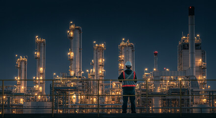 Engineer observes the refinery, bright night lights