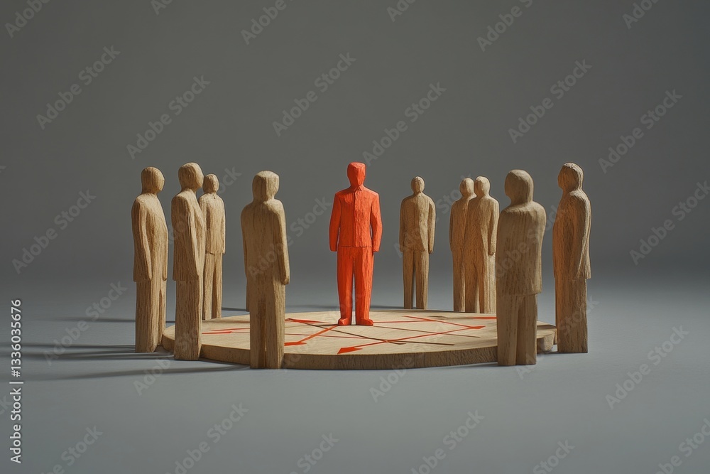 Poster wooden figures in circle with one red leader conceptual image of management and community dynamics