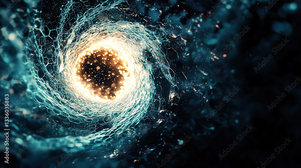Aufkleber glowing dna spiral with futuristic design, surrounded by hexagonal patterns and vibrant light partic