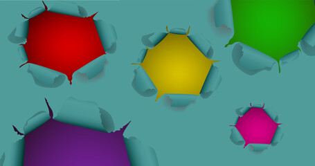 Paper background with holes, colorful holes on a blue background