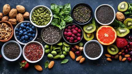 Colorful Spread of Superfoods, Fruits, Nuts, and Seeds.A Celebration of Healthy, Nutrient-Rich Eating