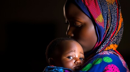 Affectionate Mother Holding Child in Colorful Fabric Embrace Tender Moment of Love and Care